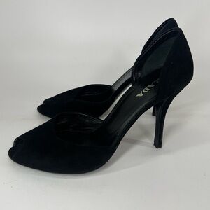 Prada black suede peeptoe stiletto pumps D’Orsay style size 39 US 9 Nine 4” heel